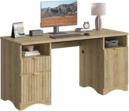 Bestier Computer Desk with 2 Drawer, 59 inch Office Desk with Storage Cabinet & 2 Open Storage, Fluted Executive Desk for Home Office & Studio, Brown Oak
