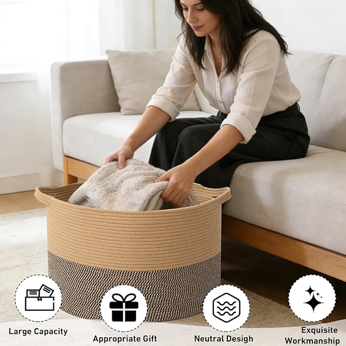 90L Extra Large Blanket Basket,Woven Rope Laundry Basket Hamper with Handles, Decorative Nursery Basket Storage Bin for Toys, Clothes Organizer, Living Room, Bedroom, Bathroom, Jute&Black