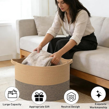 90L Extra Large Blanket Basket,Woven Rope Laundry Basket Hamper with Handles, Decorative Nursery Basket Storage Bin for Toys, Clothes Organizer, Living Room, Bedroom, Bathroom, Jute&Black