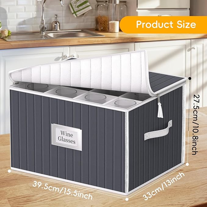 Wine Glass Storage Box, Glassware Storage Containers w/Hard Shell Side Bottom Support & Padded Dividers, Stackable Stemware Storage Case for 24 China Crystal Glasses Drinkware, Moving Supplies