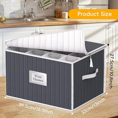Wine Glass Storage Box, Glassware Storage Containers w/Hard Shell Side Bottom Support & Padded Dividers, Stackable Stemware Storage Case for 24 China Crystal Glasses Drinkware, Moving Supplies