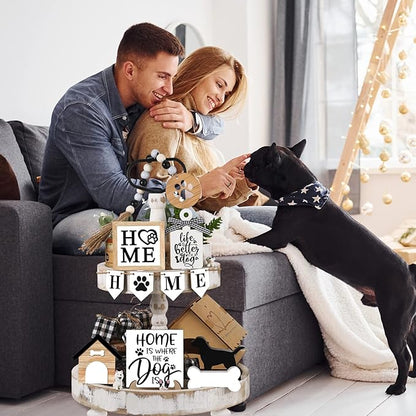 11 Pcs Dog Tiered Tray Decor Dog Home Rustic Farmhouse Tiered Tray Decorations Set Home Wooden Signs Vintage Farm Animal Farmhouse Tabletop Wood Signs for Kitchen Table Shelf Decor