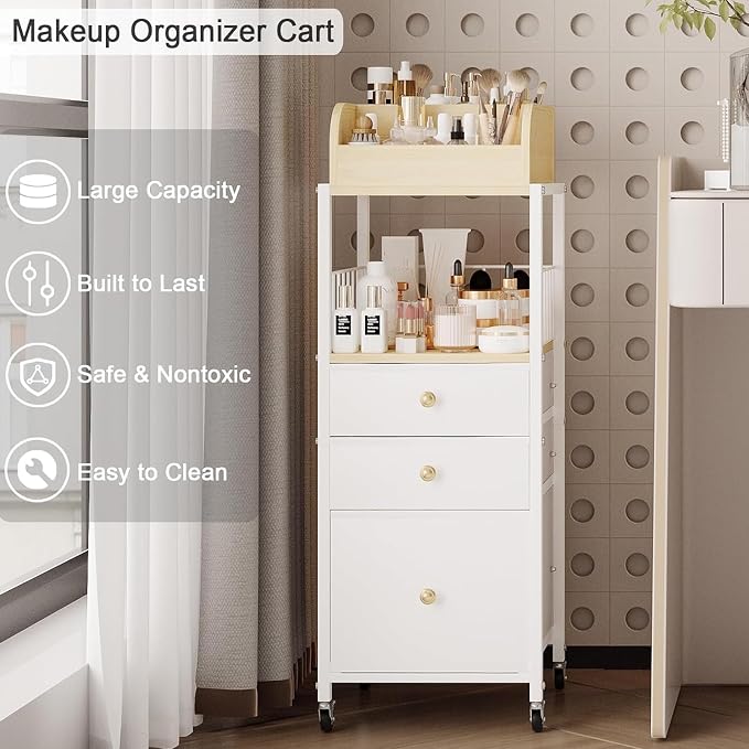 Makeup Organizer Cart with Drawers, Make up Organizers for Vanity, Floor Skincare Organizers- for Cosmetics, Nail Polish, Art Supply, Bathroom Vanity Desktop Organizer (White)