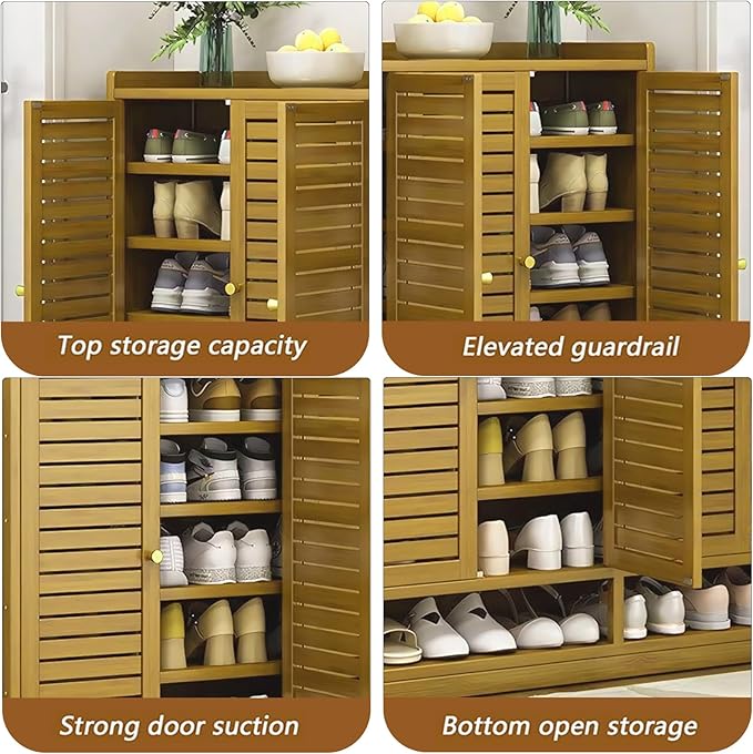 Bamboo Shoe Cabinet, 7-Tier Shoe Storage Cabinet with Doors, Freestanding Bamboo Shoe Rack Organizer with Shelves for Entryway, Hallway, Closet, Living Room