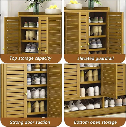 Bamboo Shoe Cabinet, 7-Tier Shoe Storage Cabinet with Doors, Freestanding Bamboo Shoe Rack Organizer with Shelves for Entryway, Hallway, Closet, Living Room