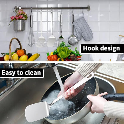 ReaNea Stainless Steel Kitchen Utensils Set, 4-Piece – Slotted Turner, Solid Turner, Skimmer & Ladle – Rust-Resistant, Long Handle, Hanging Loop, Dishwasher Safe – Everyday Cooking & Serving