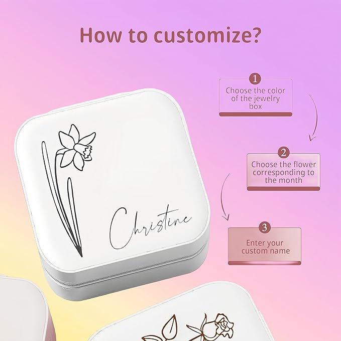 Custom Jewelry Box, Personalized Jewelry Travel Case Leather Mini Jewelry Case with Name & Birth Flower Mothers Day Gifts, Birthday Gifts, Wedding Gifts for Women Mom Wife Girls