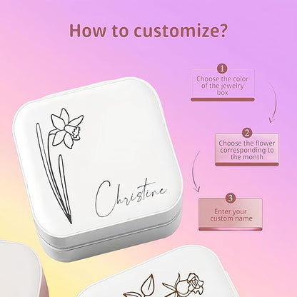 Custom Jewelry Box, Personalized Jewelry Travel Case Leather Mini Jewelry Case with Name & Birth Flower Mothers Day Gifts, Birthday Gifts, Wedding Gifts for Women Mom Wife Girls