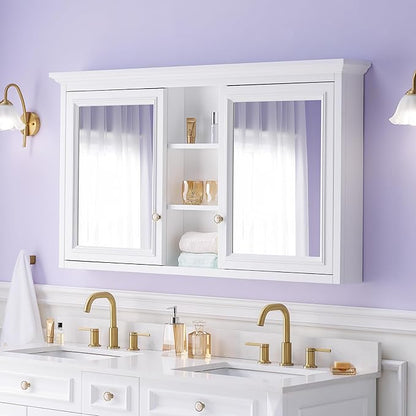 WELLFOR 55 x 30-in Bathroom Cabinet with Double-Side Mirrors, Wall Mounted Wood Mirror Storage Cabinet with 2 Soft-Close Door/ 6 Solid Wood Shelves, Anti-Fog Glass, Z-bar Hangs Vertically, White