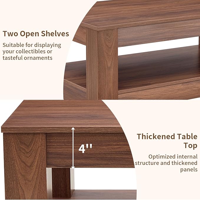 LKTART 43.3" Coffee Table with Storage, 2-Tier Mid Century Rectangular Accent Table with Thick Tabletop, Rustic Style Cocktail, Center Table for Living Room, Office, Apartment (Walnut)