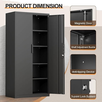 Metal Garage Storage Cabinets,Locking Garage Cabinets with 2 Door and 4 Adjustable Shelves,Steel Tall Cabinet for Home Office,Warehouse,School,Black