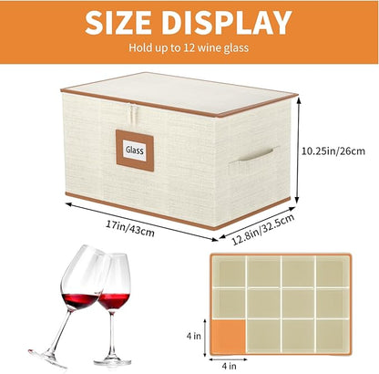 Aokeyee Wine Glass Storage Box Containers with Dividers - 2 Pack Stemware Storage Cases for 24 Crystal Glasses, Drinkware, Hard Shell for Moving & Protection(17'' x 12.8'' x 10.25'', Ivory)