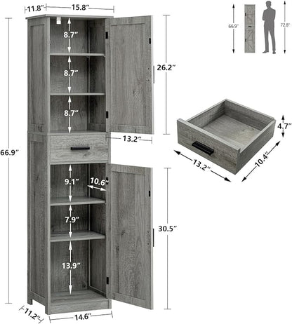 TEENFON Tall Bathroom Cabinet, Storage Cabinet with 6 Shelves & Drawer, Bathroom Storage Cabinet with Adjustable Shelves, Tall Cabinet for Living Room, Home Office, Grey