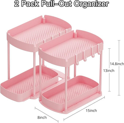 Ukeetap 2 Pack Multi-Purpose Pull-Out Storage Organizers, Under Sink Organizers and Storage for Bathroom & Kitchen, Under Cabinet Organizers and storage, 14.8 Inch, Pink