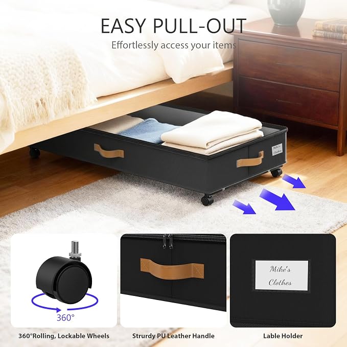 Under Bed Storage with Wheels 2-Pack, 75L XXL Under the Bed Storage Containers Large, 12" Tall Adjustable Storage for Underbed with Lids, Rolling for Clothes, Shoes, Blankets (4PCS-Black)