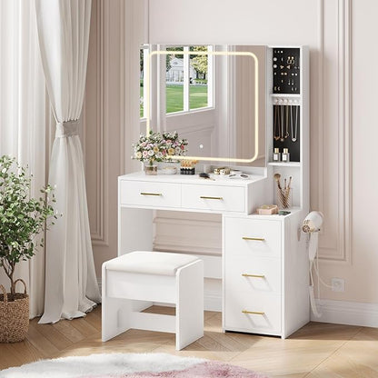 IDEALHOUSE Vanity Desk with Mirror and Lights, Makeup Vanity Set with Drawers & Chair, 3 Light Mode and Brightness Adjusted & Power Outlet, Dressing Table with Hairdryer Holder for Bedroom