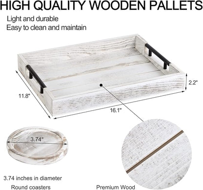 Wooden Serving Ottoman Tray With 4 Coasters, Breakfast Tray With Handles, Home Decor for Living Room, Coffee Table