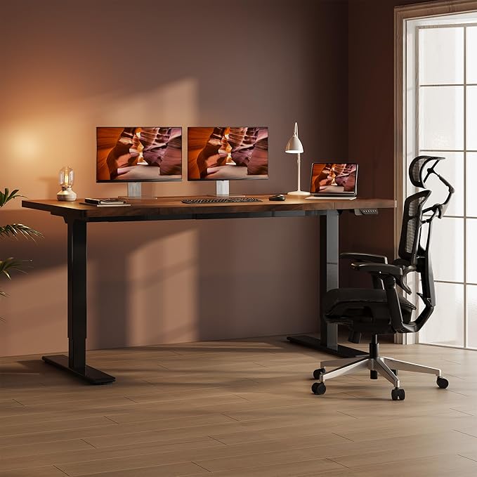 Dual Motor Standing Desk, Large Stand Up Desks, 63x28 Inches Electric Sit Stand Desks, 4 Memory Preset Adjustable Height Computer Table for Home Office with Splice Board (Brown)