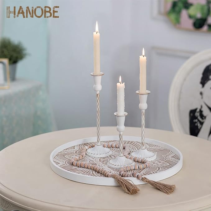 Hanobe Large Round Decorative Tray: Boho Coffee Table Trays Centerpiece for Home Decor - Farmhouse White Washed Rustic Serving for Women Kitchen Counter Ottoman