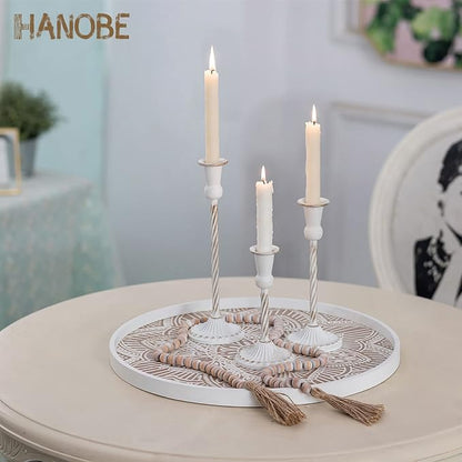 Hanobe Large Round Decorative Tray: Boho Coffee Table Trays Centerpiece for Home Decor - Farmhouse White Washed Rustic Serving for Women Kitchen Counter Ottoman