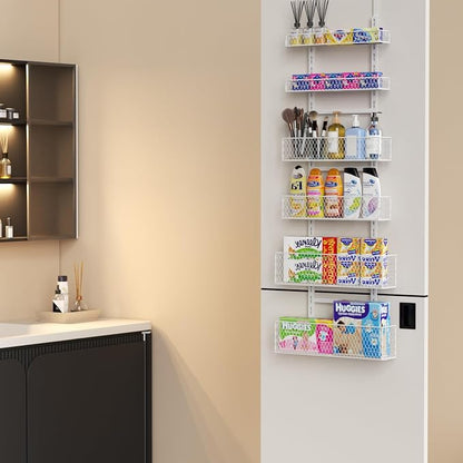 6-Tier Over The Door Pantry Organizer,Hanging Spice Rack,Grid Basket,White | Height Adjustable,Large Capacity,Grid Base for Stable Stoage,For Pantry Door,Laundry Room,Bathroom,Kitchen,D5.3xW15.7xH60.9in