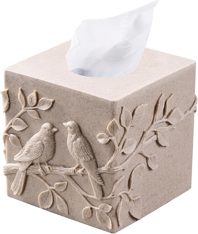 Beige Sandstone Relief Birds Square Tissue Box Cover Decorative,Resin Heavy Sturdy Tissue Box Holder, Facial Paper Holder for Bathroom Vanity Countertop, Bedroom Night Stand,Office and End Table