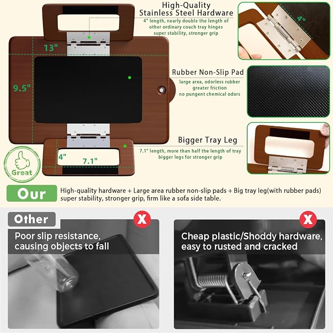 Smatdecis Couch Arm Tray Table Sofa Arm Clip, Armrest Tray Table Suitable for Home Drinks/Fast Food/Fruit Etc, Large Size Multi-Function Brown(360° Rotating Stand A)