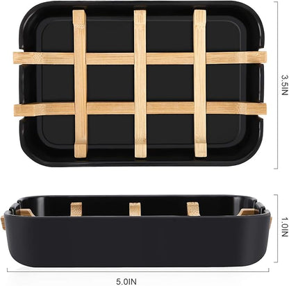 Bamboo Wooden Soap Dishes for Bathroom Bar Soap Holder Shower Soap Holder Sink Deck Bathtub Shower Tray (Two Pieces Black)