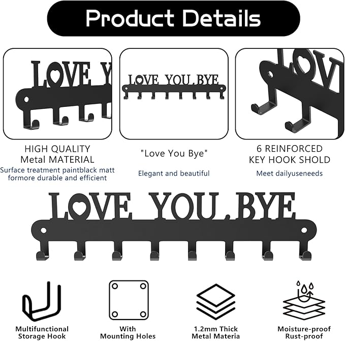 Key Holder for Wall - 'Love You Bye' Key Hooks,Key Holder Wall Mount Self Adhesive, Key Rack Wall Mount for Wall No Drill for Living Room, Kitchen, Bathroom, Garage (Black, 8Hooks)