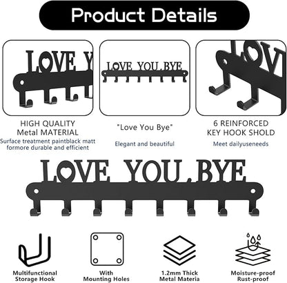 Key Holder for Wall - 'Love You Bye' Key Hooks,Key Holder Wall Mount Self Adhesive, Key Rack Wall Mount for Wall No Drill for Living Room, Kitchen, Bathroom, Garage (Black, 8Hooks)