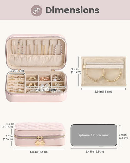 Lolalet Travel Jewelry Case for Women Girls, Travel Jewelry Organizer with Clear Storage Bag Small Portable Jewelry Box for Necklace Bracelet Earring Ring Valentines Bridesmaid Gifts -Medium/Pink