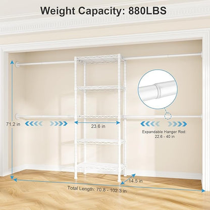 Ulif M2 Wall Mounted Closet System, Clothes Rack Mounted onto the Wall with 4 Expandable Hanger Rods and 5 Metal Shelves, Clothing Organizer Storage in (70.8-102.3)" L x 14.5" D x 71.2" H, White