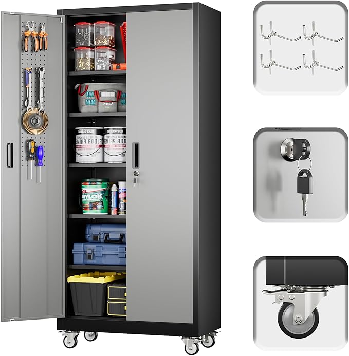 Garage Storage Cabinet with Wheels and Pegboard, 71"H x 32"W x 16"D Lockable Metal Storage Cabinet with 5 Adjustable Shelves and 2 Doors for Garage Home, Assembly Required, Black and Dark Grey
