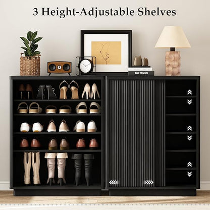 Fluted Shoe Cabinet with Sliding Door Set of 3, 6-Tier Large Hidden Storage Organizer Modern Shoe Rack with Adjustable Shelves, Mid Century Freestanding Wooden Shoe Storage Cabinet for Entryway,Black