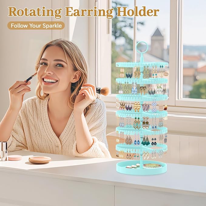 MODOWEY 6 Tier Rotating Earring Holder Organizer Display Tree with Metal Tray, Adjustable Plastic Stand with 342 Slots for Stud Hoop Hanger, Large Capacity Storage Rack for Women Space-Saving, Blue