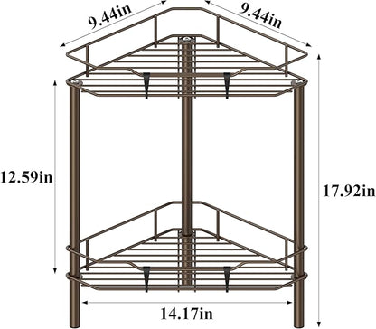 2 Tier Floor Standing Corner Shower Caddy Organizer Shelf with Hooks, Bathroom Shelves Stand Rack, Bronze