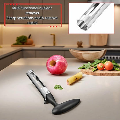 Premium Stainless Steel Apple Corer, Professional Fruit Core Remover Tool with Ergonomic Black Handle, Serrated Blades for Apples, Pears, Peaches, Plums, Easy Use & Clean (Black)