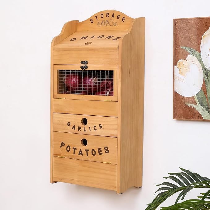 Potato Bin Veggie Organizer Rustic Pine Wood Potato, Onion & Garlic Storage Bin | Kitchen Organizer | Solid Wood Veggie Box | Compact Kitchen Box (13.77" L x 7.1" W x 29.3" H)