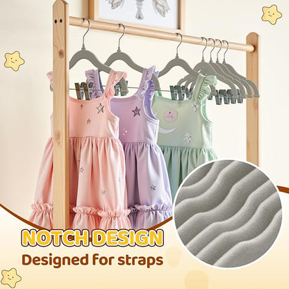 Flottian 36-Pack Baby and Kids Velvet Hangers with Clips, Non Slip and Space-Saving Kids Pants Hangers for Baby/Toddler Pants, Skirts, Coats, Gray