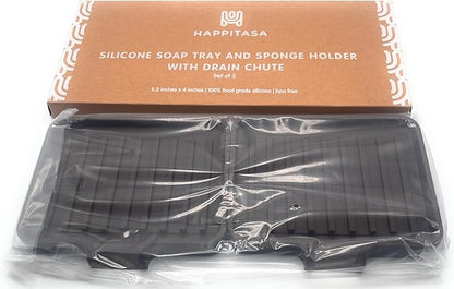Happitasa Silicone Soap Dish Tray and Sponge Holder with Drain Chute, Pack of 2 | Bathroom and Kitchen Sink Organizer Caddy (Dark Chocolate, 5.2"x4", 7.2 Ounces)