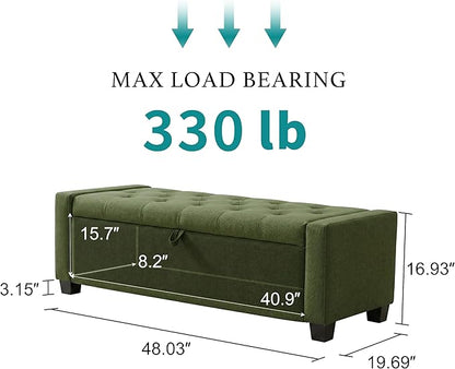 Huatean Home 48" Ottoman with Storage, Storage Ottoman Bench with Safety Hinge, Upholstered Entryway Bench with Seating for Bedroom, Living Room, Holds up to 330 lb, Green