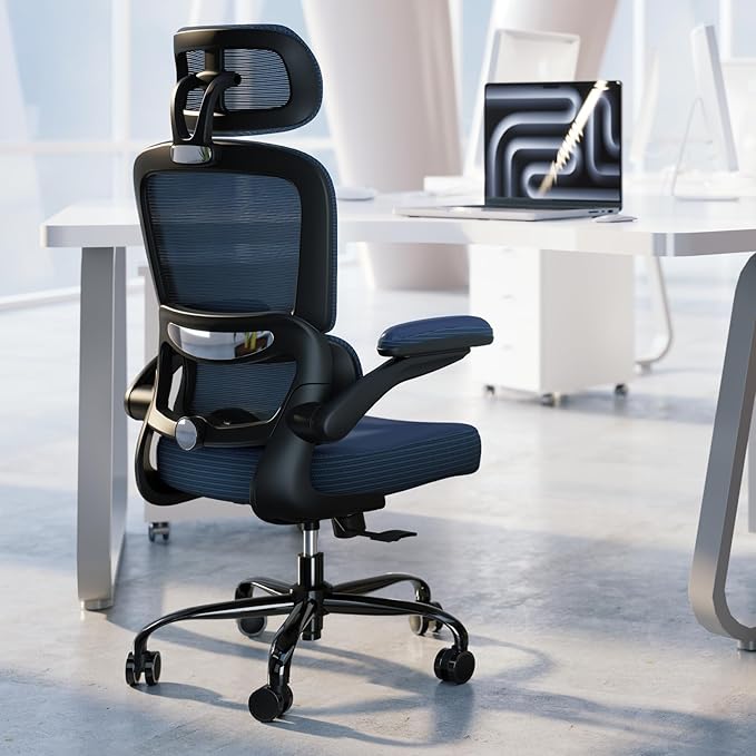 TRALT Ergonomic Office Chair - Desk Chair with Adjustable Headrest Lumbar Support Computer Chair - Mesh Comfy Chair with Flip-up Armrests - Gaming Chairs for Adults Home Office (Leather, Navy Blue)