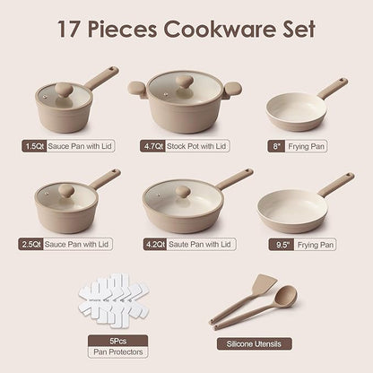 SENSARTE Ceramic Nonstick Pots and Pans Set 17pcs, Healthy Induction Cookware Set, Nontoxic Kitchen Cooking Set with Skillets & Saucepans, Stay-cool Handles, PFAS PTFE PFOA PFOS Free,Taupe