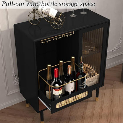 ARTPOWER Modern Coffee Bar Cabinet with Wine Glass Rack and Drawers, Black Liquor Cabinet with Pull-Out Wine Storage for Kitchen, Dining Room, Living Room