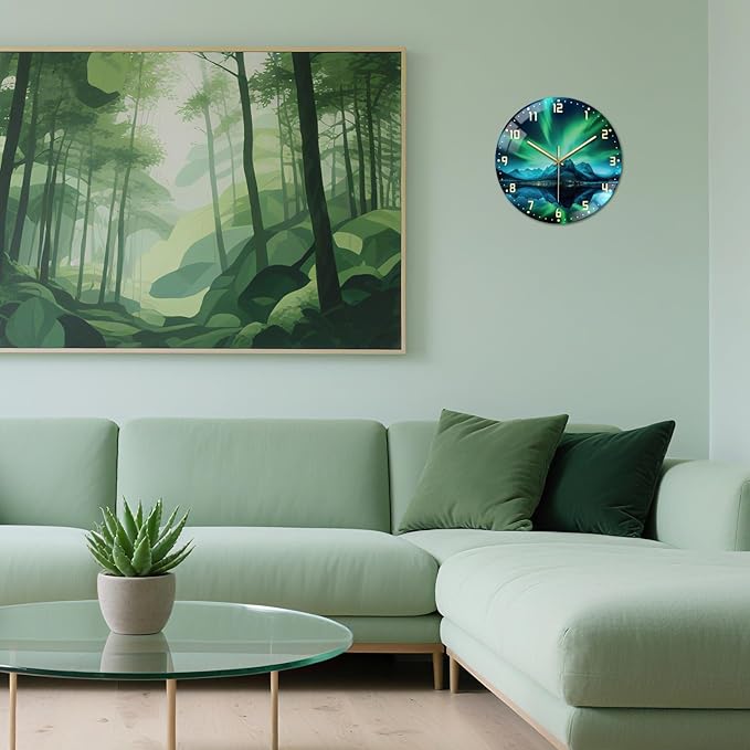 peacoblue Wall Clocks Battery Operated 12 Inch Aurora and Landscape Glass Round Wall Clock Non Ticking for Kitchen Living Room Dining Room Bedroom and Bathroom Decor (Battery not Included)