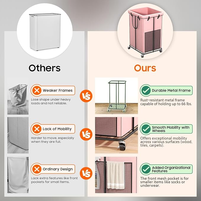 150L Laundry Hamper with Wheels, Rolling Laundry Basket with Metal Frame and Removable Bag, Large & Tall Dirty Clothes Hampers for Bedroom Aesthetic, Laundry Room, Bathroom, Dorm-Pink