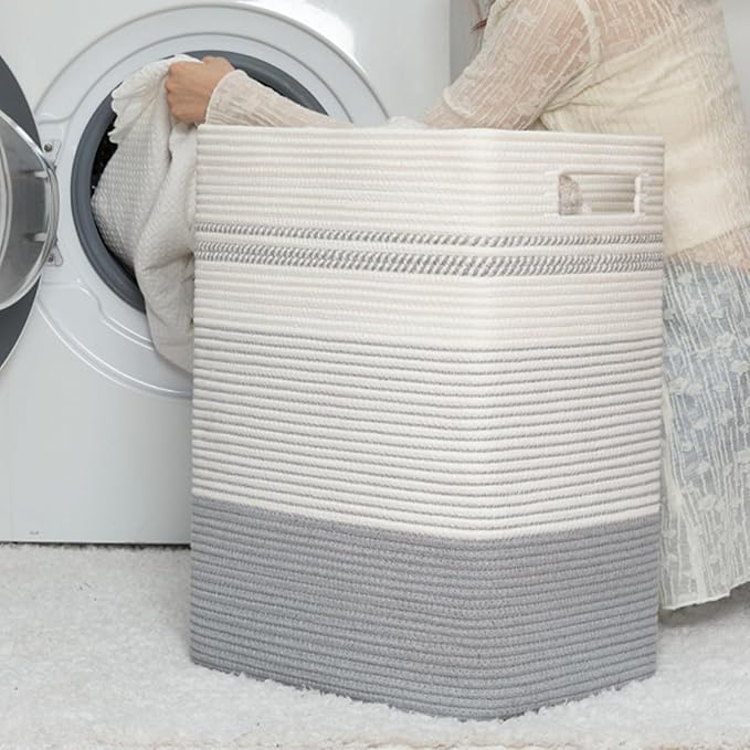 SIXDOVE Laundry Hamper, Large Woven Rope Tall Laundry Basket with Handles, 22" X 17" X 13", Decorative Storage Basket for Clothes and Blankets in Living room, Bedroom, Grey & White