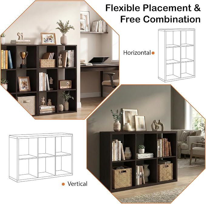 WannabeMyself【2026 Wooden Thick Frame】 6 Cube Storage Organizer with Anti-Tipping Kits, Reversible Open Back Book Shelf,Bookcase for Living Room,Bedroom,Entrance Hall,Office,11.6×36.3×24.6,Chocolate