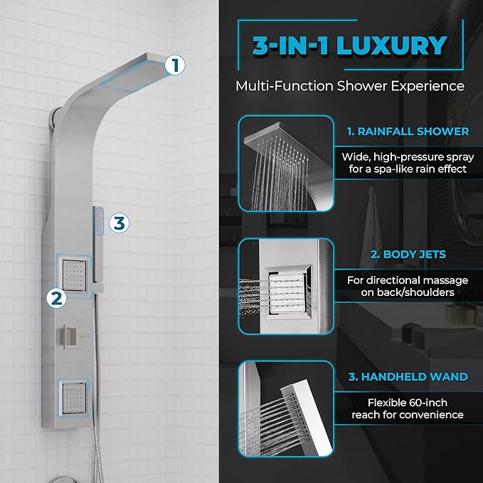 ANZZI Level 66" Body Massage 2-Jetted Shower Panel System with Heavy Rain Shower and Spray Wand in Black, Rainfall Waterfall Tower System with Handheld Shower, SP-AZ078BS