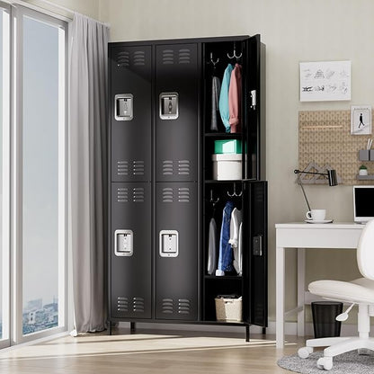Metal Storage Locker with 6 Doors, Metal Locker for Employees with 18 Hooks for Garage School Office Gym Home, Assembly Required, Black
